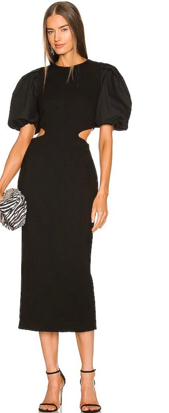 ELLIATT Suffage Black Puff Sleeve Cutout Midi Dress Small $260